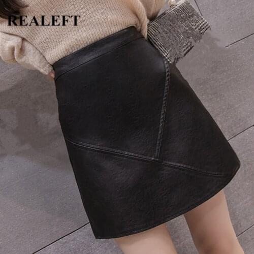 REALEFT Autumn Winter Black PU Leather A-Line Wrap Skirts Solid Womens Skater Skirts High Waist Sexy Mini Skirts Female 2020