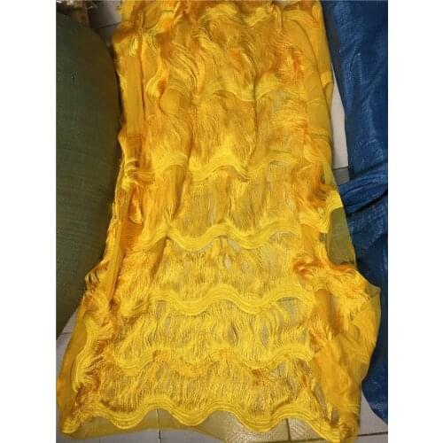 Yellow color embroidewred YG-800 best quality embroidered african tulle mesh lace fabric with fringe for fashion show dress