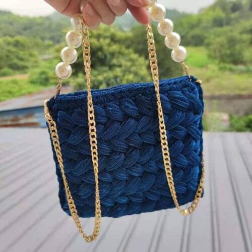 Pearl handbag, one-shoulder flash cloth line finished woven bag, crochet crochet small fragrance womens bag