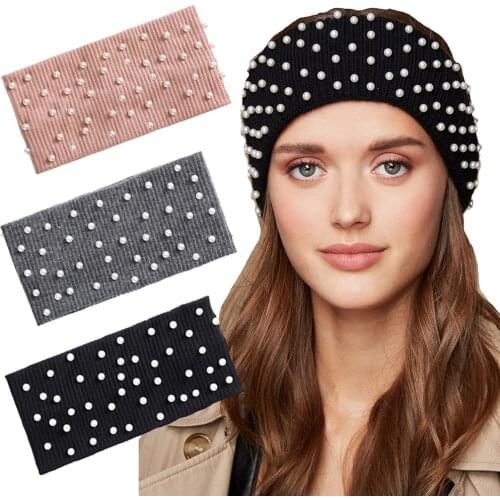 Haimeikang Women Knitting Ear Warmer Headband Turban Bandana On Head Pearl Elastic Hairband Autumn Winter Warm Hair Accessories
