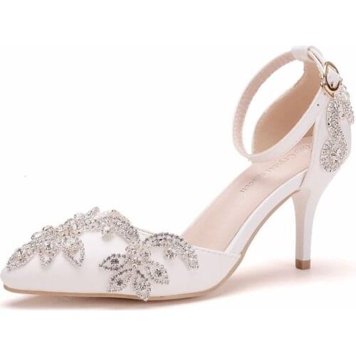 Women sandals wedding Party banquet PU Rhinestones Buckle Strap 7.5CM Thin High Heels Pointed Toe sandal women shoes size 35-42