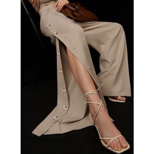 2021 Summer High Waist Button Slit Trousers Chic Elegant Women Street Fashion Bottoms Y2K Casual Loose Wide Leg Pants Clothing