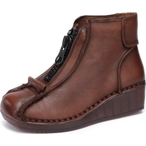 Womens Handmade Genuine Leather Short Boots 2021 Autumn New Ladies Soft Sole Retro Single Ankle Boots Wedges Shoes