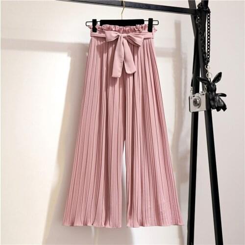 Female High Waist Loose Pants Bow Bandage Casual Trousers Fashion Chiffon Wide Leg Pants Women 2021 Summer Pleated Pants
