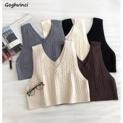 Women Sweater Vest Short Style Loose V-neck Solid Casual Knitted Sleeveless Chic Tops Female Simple Classic Autumn Winter Jumper