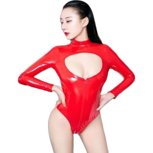 Wetlook Plus Size Long Sleeve Bodysuit Lingerie Hollow Out PVC Catsuit Bodystocking Sexy Hot Erotic Black Bodysuits Teddies Body