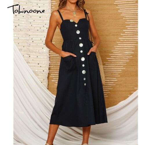 Tobinoone Buttons V Neck Woman Summer Dress Spaghetti Strap Backless Elegant Sexy Dresses Strapless Holiday A-Line Beach Dress
