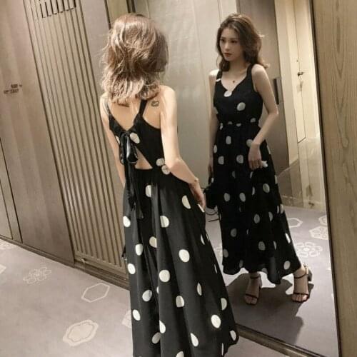 Women Sexy Summer Dresses Chiffon Polka Dot Printing Sling Maxi Party Dress Female French Long Back-leaking Fairy Dress