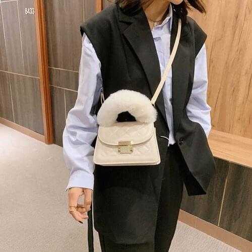 Winter Women Plush Handle Rhombic Surface Pure Color PU Handbag 4 Colors Fashion Shoulder Bag