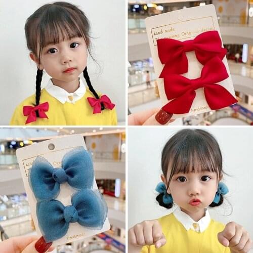 2 Pcs/Set New Color Satin Knotted Bow Ornament Hair Clips Girls Lovely Net Yarn Hairpins Baby Kids Barrettes Hair Accessories