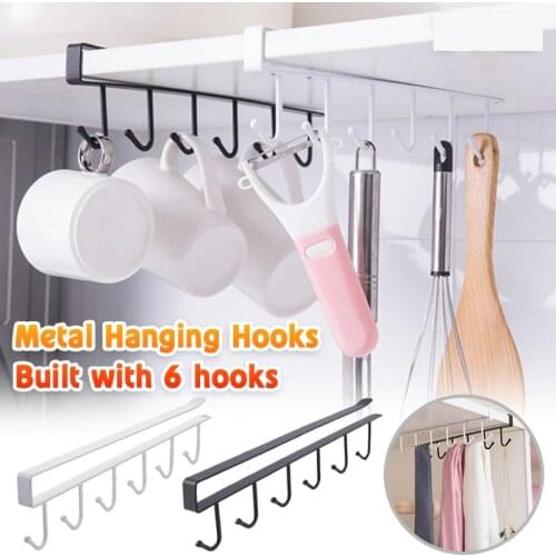 2PCS 6 Hooks Metal Shelf Mug Cup Cupboard Kitchen Organiser Hooks Cup Holder Hanging Cabinet Door Shelf Removed Storage Rack