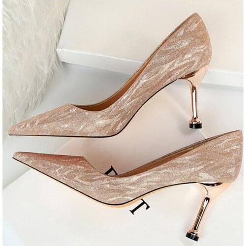 2021 Women Gold Silver 7.5cm High Heels Pumps Lady Glitter Prom Stiletto Heels Bling Luxury Party Scarpins Brides Wedding Shoes