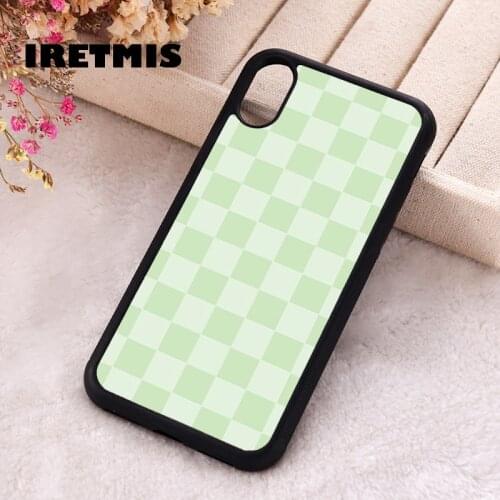 Iretmis 5 5S SE Phone Cover Case for iPhone 6 6S 7 8 Plus X Xs XR 11 12 Mini Pro Max Rubber Silicone Pastel Checkered Saga Green