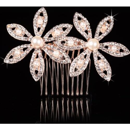 Floralbride Hot Selling Rose Gold Rhinestones Crystals Flower Leaf Wedding Hair Comb Bridal Hair Accessories Bridesmaids Women