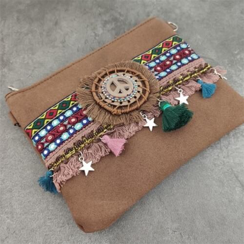 Brown Peach Vintage Women Leather Handbags Designer Boho Hand Bag Small Tassel Stud Women Messenger Bag Luxury Purses