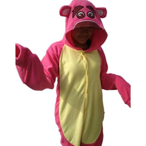 Cartoon Anime Cute toy Strawberry bear Lotso Onesie Halloween Cosplay Animals red bear Adult fleece Pajamas Sleepwear Jumpsuit