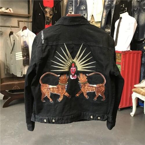 Long New Sleeve Men Back Embroidery Flowers leopard Blind For Love Denim Baseball Coats & Jackets Abstract digital coat #N106