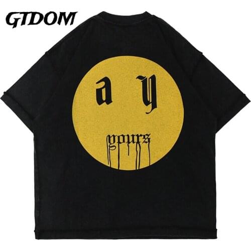 GTDOM Men Fashion Cards Smiling Face Short Sleeve T-Shirt 2021 Summer New Wash Water Worn Out Vintage Short Sleeve T-Shirt