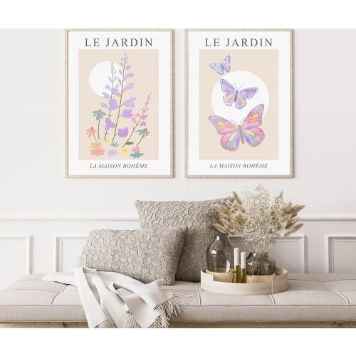 Pastel floral prints 2-piece set, French wall art, pastel butterflies, abstract floral prints, French exhibition posters, printa