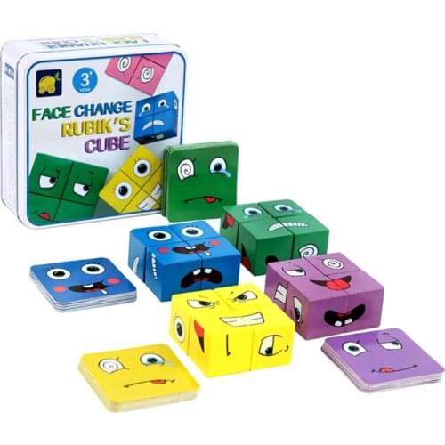 1Set Montessori Emotional Matching Puzzle Face Changing Cube Tangram Wooden Puzzle with Box Early Learning Gift for Kid