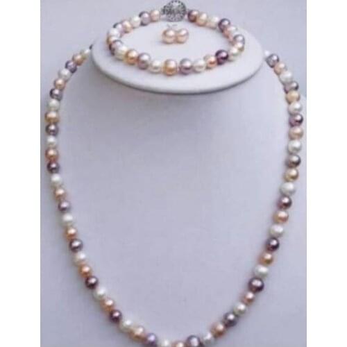 New Fashion 7-8 mm Multi Color Pearl Necklace 18" Bracelets 8"Earrings Set
