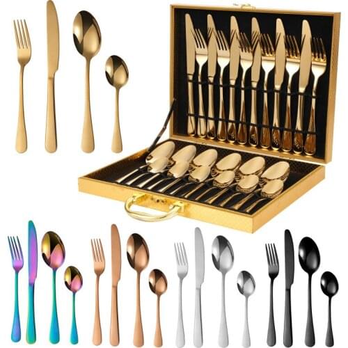 Stainless Steel Tableware Wooden Box Cutlery Set Knife Fork Spoon Western Food 24 Piece Set
