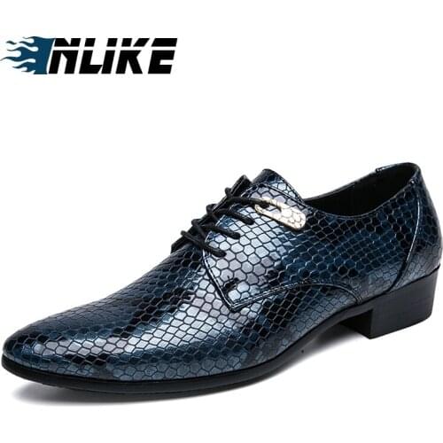 INLIKE Men Big Size Luxury Dress Shoes Patent Leather Oxford Mens Shoes Italy Blue Derby Formal Male Flats