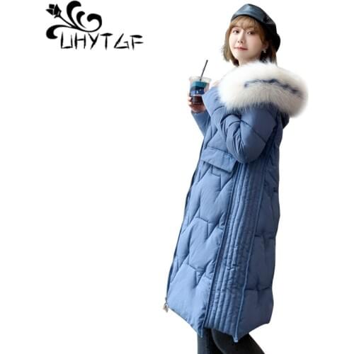 UHYTGF Women Casual Plus Size Thick Cotton coat Fashion Warm Winter Jacket Down cotton clothing Women Fur Collar Long parka X355