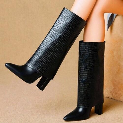 Party Pumps Women Pointed Toe Mid Calf Boots Tall Long Booties Stiletto High Heels Pull On Oxfords Casual Shoes 35 36 37 38 39