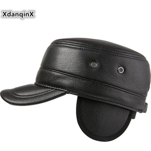 XdanqinX Genuine Leather Hat Mens Flat Cap Military Hats Autumn Cowhide Tongue Cap Snapback Cap Adjustable Size Men Brands Caps