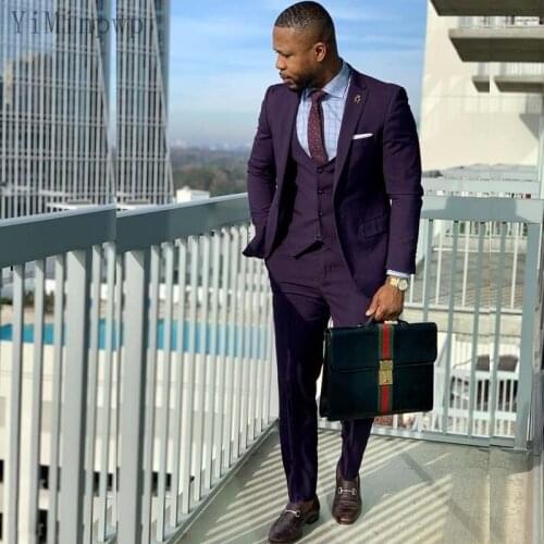YiMinpwp Grape Men Suits Peaked Lapel One Button 3 Piece Blazer Jacket Men Tuxedos Groom Wedding Suits Coat Vest Pant