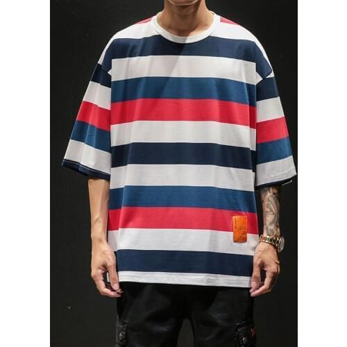 Funny Hip Hop 2021 Rainbow Stripe Retro T-Shirt Youth Oversized Loose Harajuku Clothes Cool Couples Creative Fashion Streetwear