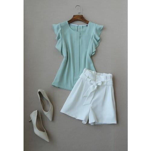 Women Summer Ruffled Short Sleeve Blouse Top and White Shorts Fashion Clothing Set