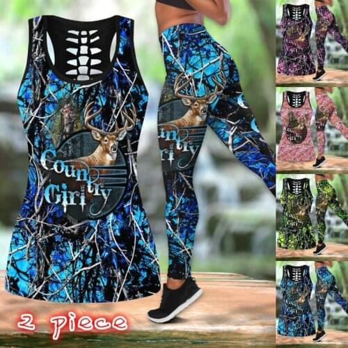 Womens Over Printed Yoga Suit Hunting Deer Country Girl Hollow Vest Tank Top High Waist Leggings Sports Ladies Suit