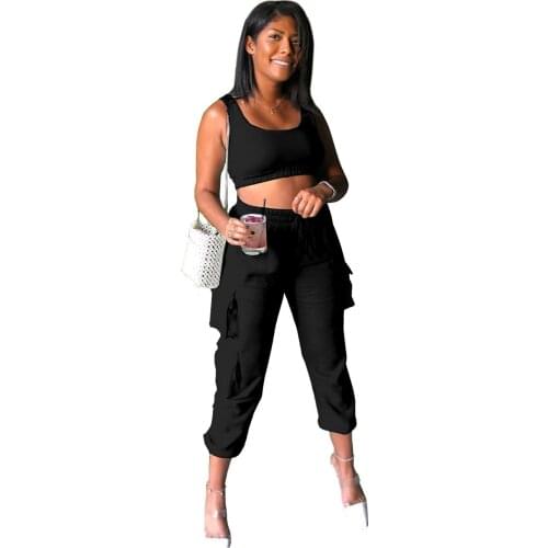 Women Summer Two Piece Set Solid Color Sleeveless Vest Tank Tops+Sweatpants With Pocket Sport Outfit Tracksuit Suit