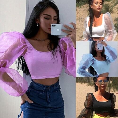 Womens Casual Long Perspective Puff Sleeve Top Ladies Square Collar Tees Sexy Fashion T-Shirt Ruffle Beach Holiday Crop Top