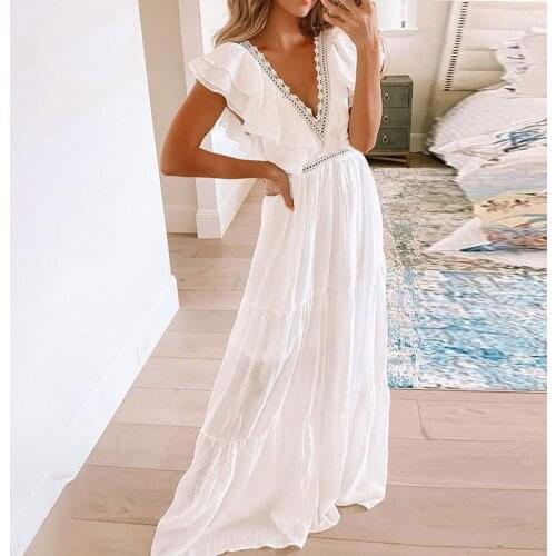 Women Boho Long Dress Fashion Deep V-neck Sexy Maxi Dress Hollow Lace Maxi Evening Summer Beach Robe Gifts For Woman Платье