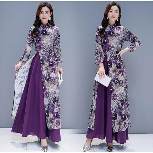 2019 Spring Fall Vintage Women Purple Floral Printed Long Cheongsam Dress , Womens Feamle 4xl Slim Patchwork Chipao Dresses