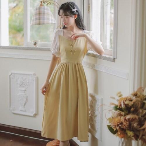Summer Dress Women 2021 New French Vintage Square Neck Elegant Temperament Ladies Bow Sweet Kawaii Dress Midi Dress