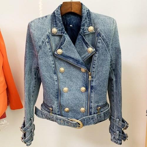 2021 New Women Jacket High Quality Blue Lion Buckle Slim Double Zipper Diagonal Zipper Washed Denim Bike Jacket O03