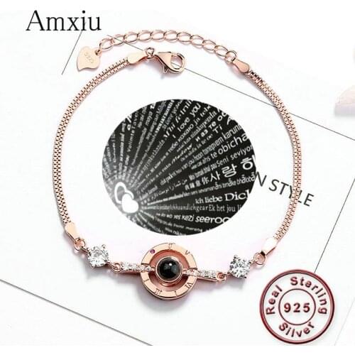 Amxiu Personalized 925 Sterling Silver Bracelet 100 languages I love you projection Bracelet for Women Girl Wedding Gift Jewelry