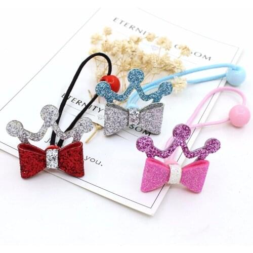 Boutique 20pcs Fashion Cute Glitter 3D Tiaras Bow Elastic Hair Bands Solid Kwaii Crown Bowknot Hair Tie Rubber Band Headwear