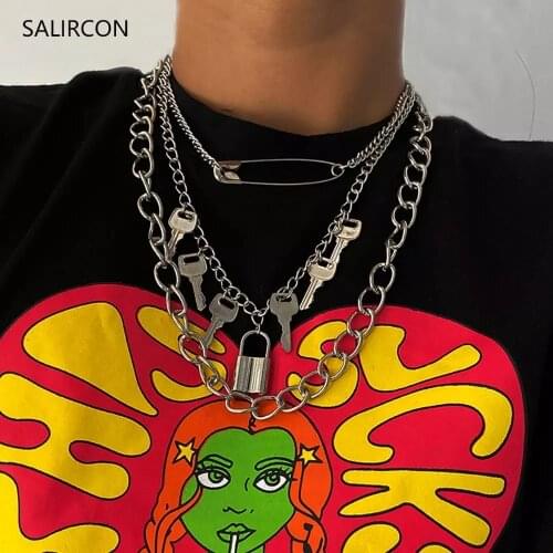 Salircon Goth Key Padlock Pendant Necklace for Women Men Punk Safety Pin Chains Necklace Gothic Neck Chains Jewelry Gift 2021
