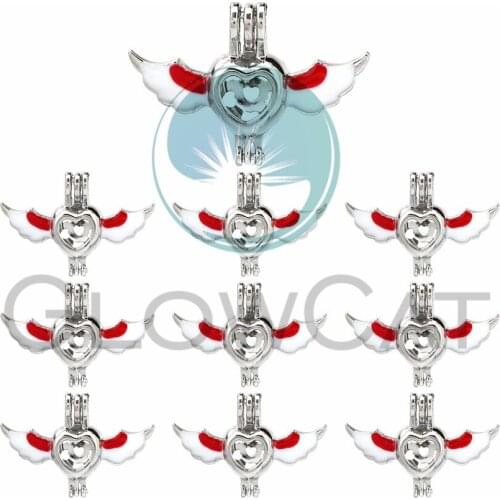 Colors Enamel Angel Wing Heart Beads Cage Perfume Essential Oil Diffuser Pearl Cage Locket Pendant 10x K1070
