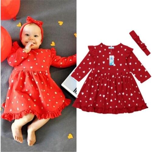 Baby Girl Clothes Party Long Sleeve Heart Print Tutu Dress + Bowknot Headband