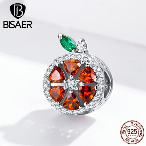 Fruit charms BISAER 925 stelring silver summer fruity Grapefruit beads red zircon charms fit bracelets diy making ECC1277