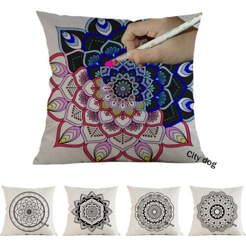Geometric black and white mandala pattern DIY geometry can fill in colors Decorative Cushion Cover Sofa Throw Pillow Case