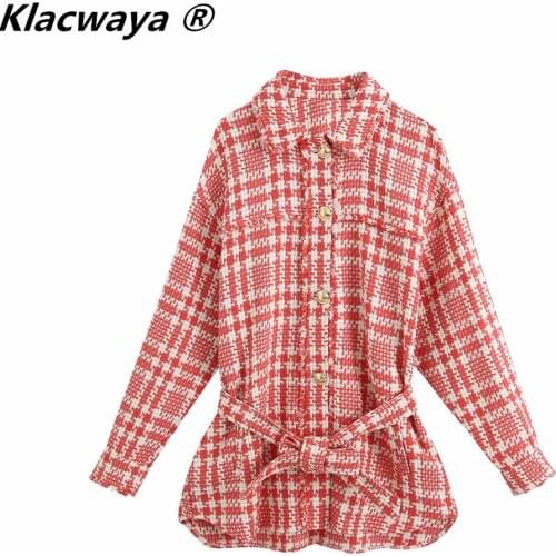Klacwaya 2021 Women Fashion Red Plaid Checkered Jacket Vintage Long Sleeve Sashes Belted Waist Female Casual Streetwear Jackets