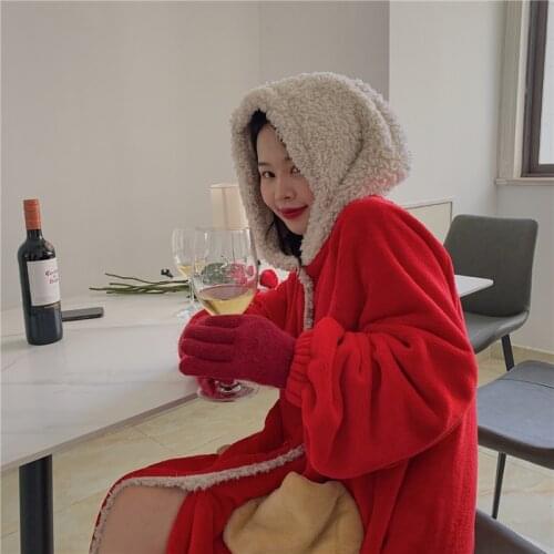LMQ New Year Sleepwear Cute Women Winter Long Hooded Coral Fleece Pajamas Plus Velvet Thick Warm One-Piece Bathrobe Homewear