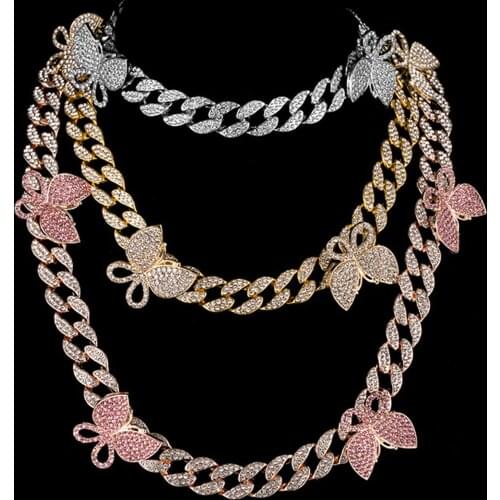 Hip Hop Trendy Bling Rhinestones Butterfly Necklace for Women Men Iced Out Cuban Link Chain Necklace Rapper Chocker Jewelry